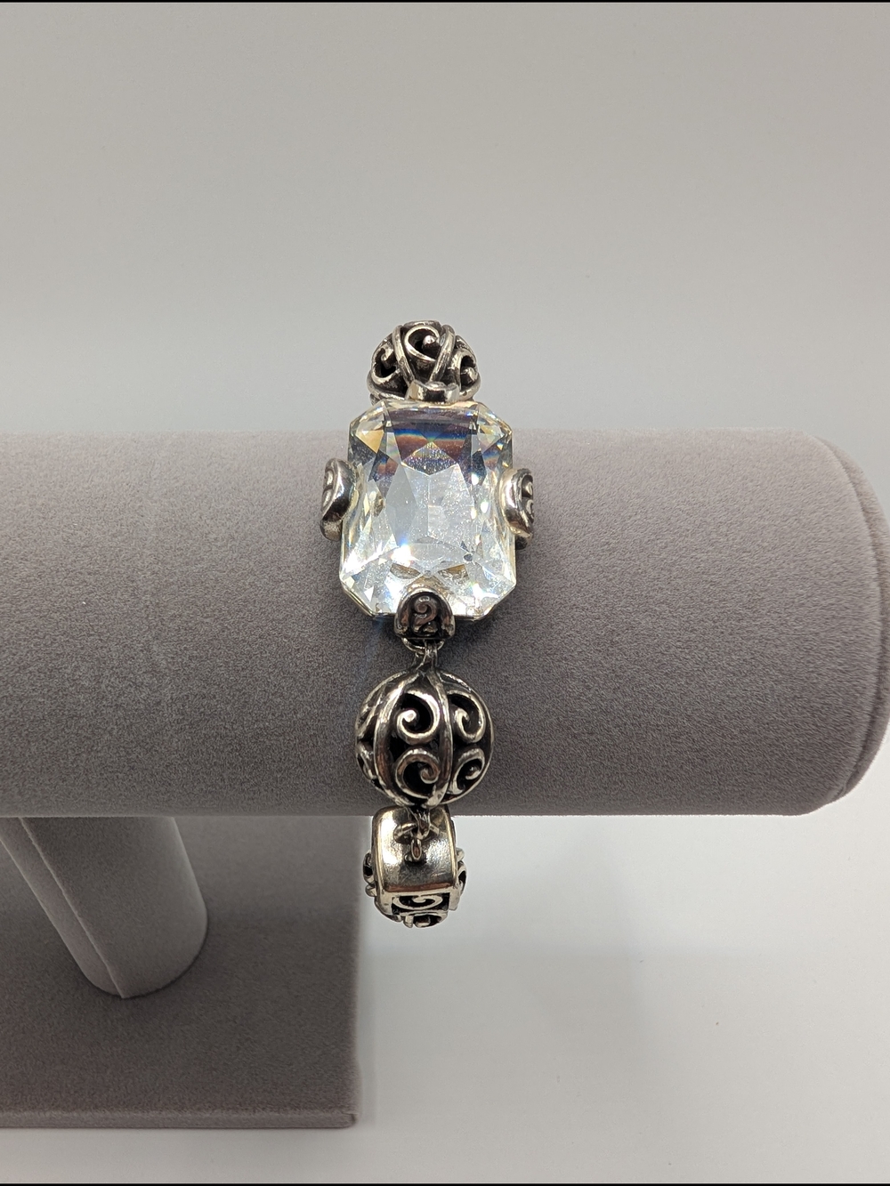 Brighton Silver Plated Clear Crystal Statement Bracelet Scrollwork Heart Charm